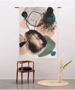Urban Cotton Urban Cotton wandkleed bij Houweling Interieur. Unieke wanddecoratie met abstracte vormen met groen, roze, zwart, turquoise en crèmekleur.