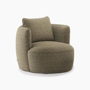 Ronde fauteuil van Olta bij Houweling Interieur. Design fauteuil uitgevoerd in groene stof.