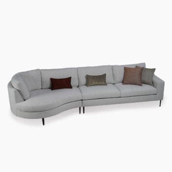 Hoekbank met ronde hoek met ongekend veel mogelijkheden. Elementenbank van Houweling Interieur uitgevoerd in grijze stof.