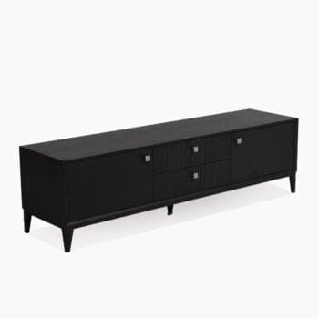 Houten tv meubel bij Houweling Interieur. Het is een tv dressoir van massiefhout uitgevoerd met zwart edelfineer, 2 lades en 2 deuren.