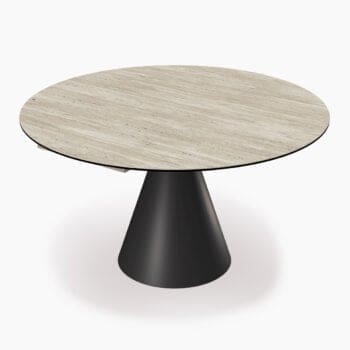 Ronde uitschuifbare eettafel van Houweling Interieur. Deze ronde uitschuiftafel heeft een keramiek tafelblad met metalen onderstel.