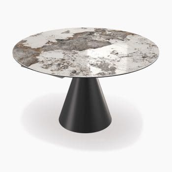 Uitschuiftafel bij Houweling Interieur. Ronde uitschuifbare eettafel met keramiek tafelblad en metalen poot.