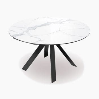 Ronde eettafel uitschuifbaar bij Houweling Interieur. Uitschuifbare eettafel met keramiek tafelblad en metalen spinpoot.