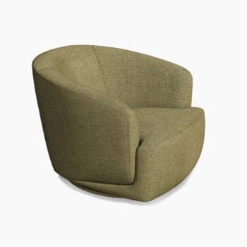 Design fauteuil bij Houweling Interieur. Ronde fauteuil uitgevoerd in groene stof.