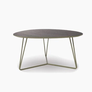 Organische salontafel bij Houweling Interieur. Hij is onderdeel van een salontafel set en heeft een donkerbruin blad en een groen onderstel.