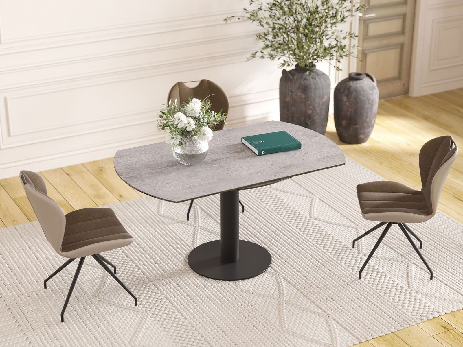 4ltf6fj6-2 Uitschuifbare eettafel bij Houweling Interieur. Het is een ronde eettafel met keramiek blad.
