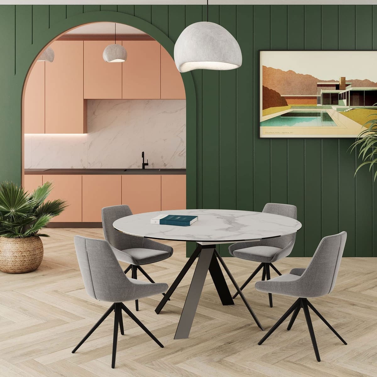 fie7dnvl.jpg-vierkant Uitschuifbare eettafel bij Houweling Interieur. Het is een ronde eettafel met keramiek blad.