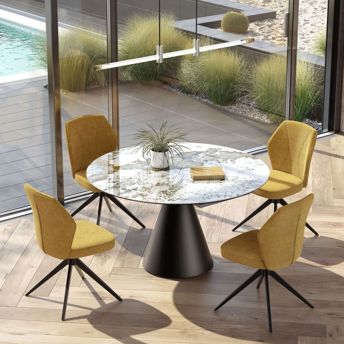 vnhky64d.jpg-vierkant Uitschuifbare eettafel bij Houweling Interieur. Het is een ronde eettafel met keramiek blad.