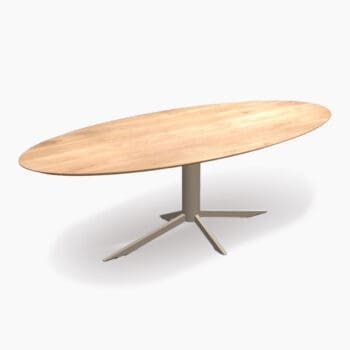 Ovale eettafel van Topform bij Houweling Interieur. Het is een eetkamertafel met licht eikenhouten blad en grijs metalen poot.