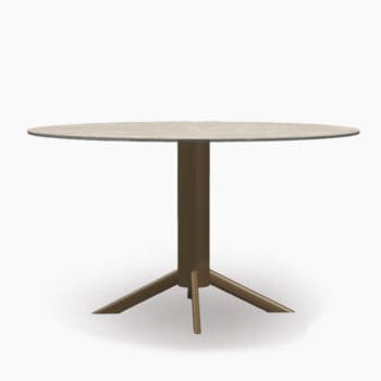 Ronde eettafel van Topform bij Houweling Interieur. Het is een eetkamertafel uitgevoerd met HPL tafelblad en metalen bruine poot.