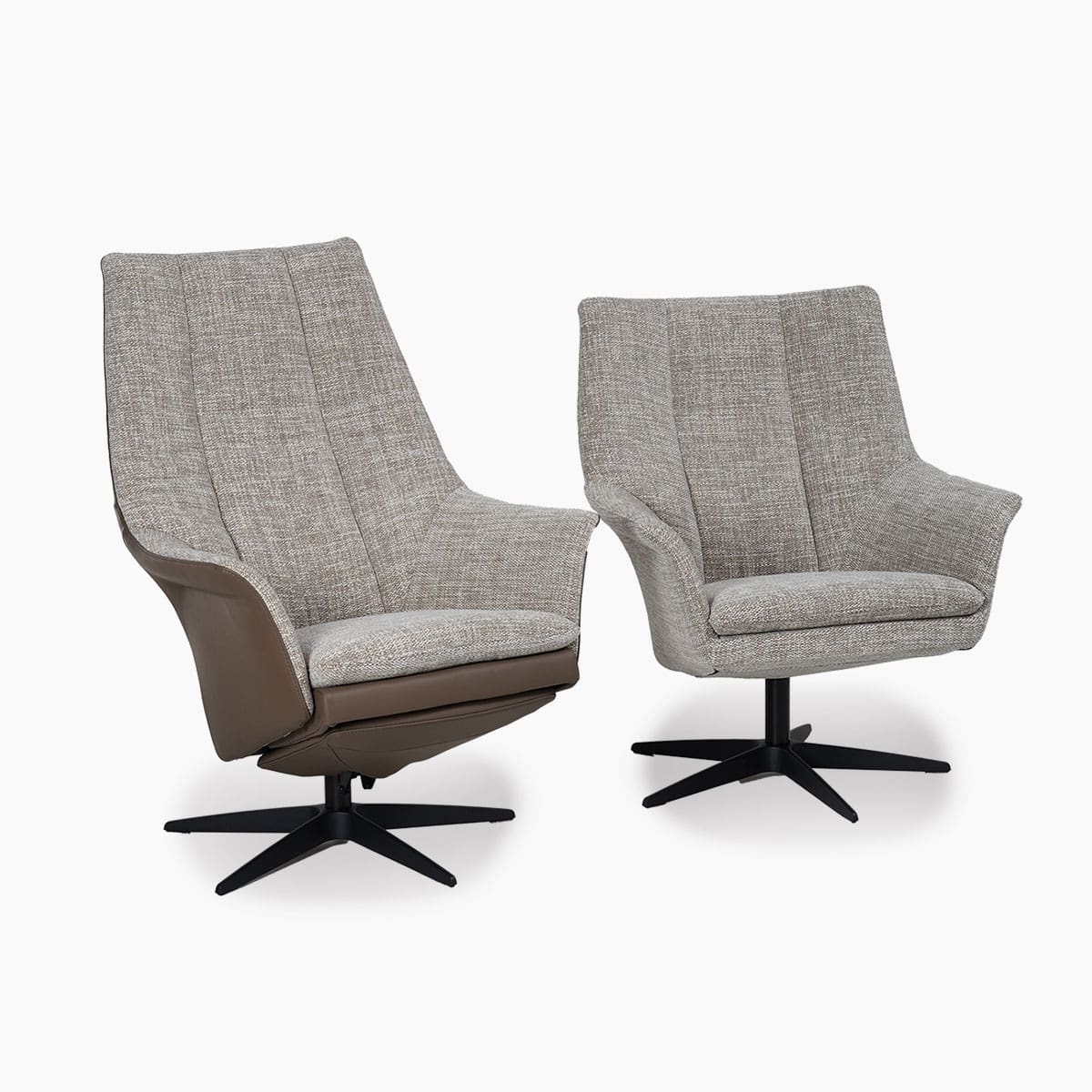 Een draaifauteuil van Gealux bij Houweling Interieur. Het is een design fauteuil uitgevoerd in beige stof en zwarte spinpoot.