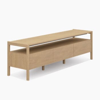 Scandinavisch tv meubel bij Houweling Interieur. Het is een houten tv meubel die staat voor eenvoud en elegantie, uitgevoerd in blank hout.