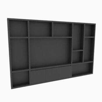 Smalle wandkast van BKS bij Houweling Interieur. Hangende wandkast met open vakken en dichte deuren in donker hout.