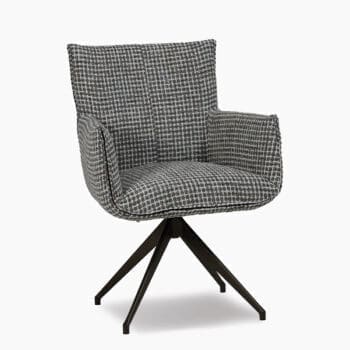 Luxe eetkamerstoelen bij Houweling Interieur. Een eetfauteuil uitgevoerd in stof met grijstinten en zwarte spinpoot.