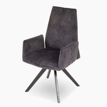 Luxe eetkamerstoel bij Houweling Interieur. Een eetkamerstoel uitgevoerd in grijze stof met spinpoot.