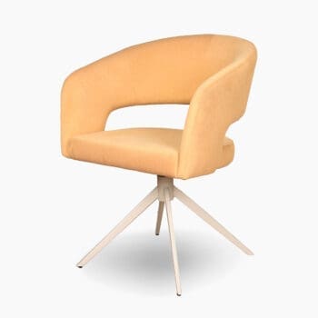 Design eetkamerstoel bij Houweling Interieur. Een luxe eetkamerstoel uitgevoerd in gele stof.