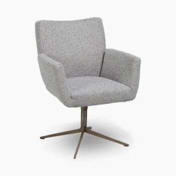 Luxe eetkamerstoelen bij Houweling Interieur. Een eetfauteuil uitgevoerd in grijze stof en designpoot.