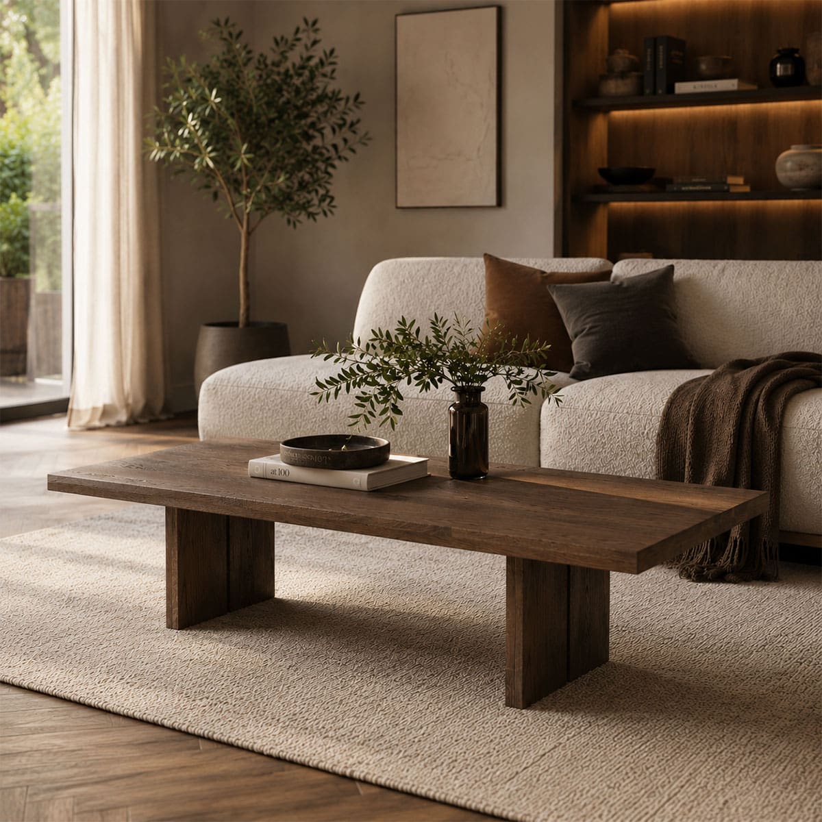 Houten salontafel bij Houweling Interieur. Design salontafel uitgevoerd in massief eikenhout.
