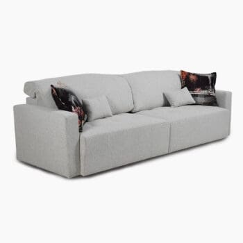 Design bank van Fama bij Houweling Interieur. Het is een uitschuifbare bank uitgevoerd in lichte stof.